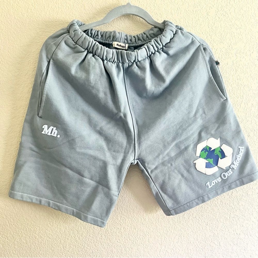 MadHappy Unisex Recycle Earth Day Organic Fleece Sweat Shorts Blue Small NEW